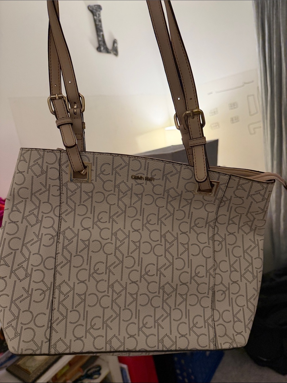 Calvin Klein Taupe Monogram Tote Bag with Tan Straps